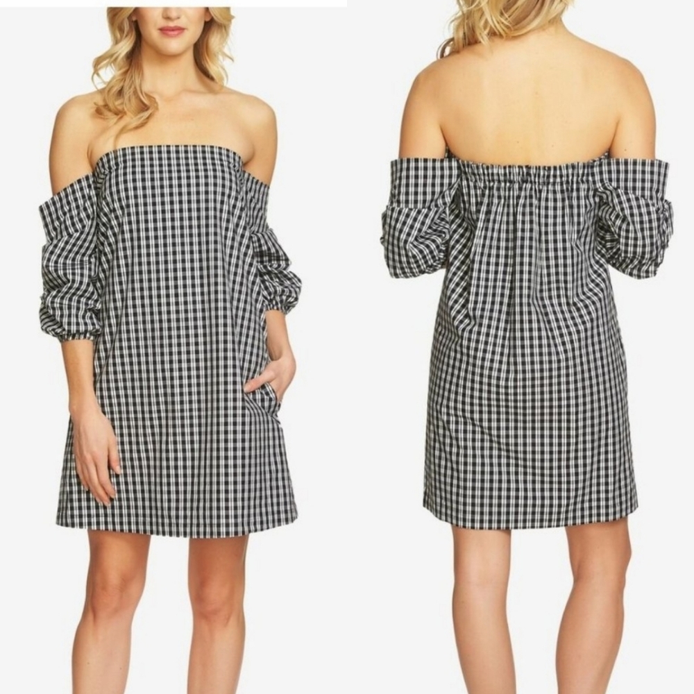 1. STATE Gingham Cascade Off Shoulder Dress